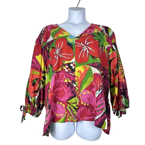 Ashley Stewart Multicolor Artsy Blouse 26/28 Rayon Cotton V-Neck Resort‎ Cruise - Picture 1 of 7